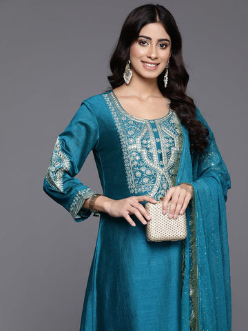 Varanga Women Turquoise Blue Heavy Zari Embroidered Kurta With Bottom And Dupatta